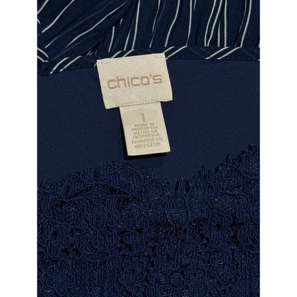 Chico's Sleeveless Blouse Chicos Size 1 US 8-10 M Black White Stripes Lace Neck - Picture 9 of 9